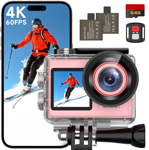 syndesmos Action Camera 4K 60FPS, Dual Touch Screen, 40M Ultra HD Underwater Camera, 30MP EIS Anti-Shake WiFi Action Cam with 64GB Card, Remote Control, Waterproof Case (Pink)