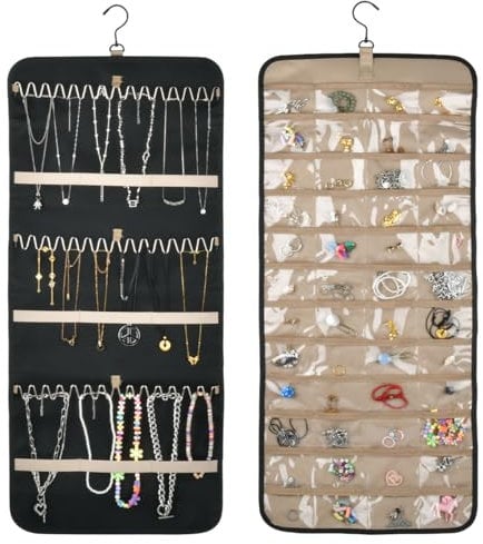 Schmuckschrank Hängend Schmuck Organizer mit Aufhänger, Doppelseitige Schmuckaufbewahrung Schmuckhalter Wand Faltbarer Schmuckständer für Ohrringe Halskette Ring Armband (39 Taschen + 42 Wellenhaken)