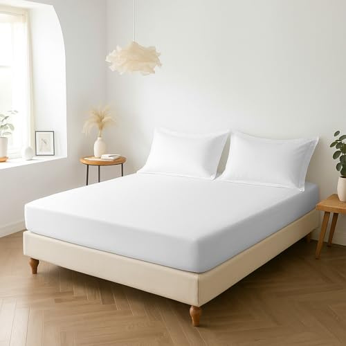 Pizuna Percale Fitted Sheet Super King 180x200 cm with 2 Pillow Cases | White 100% Long Staple Cotton Crisp Percale Weave Fitted Bed Sheets 40 Cm Deep Pocket