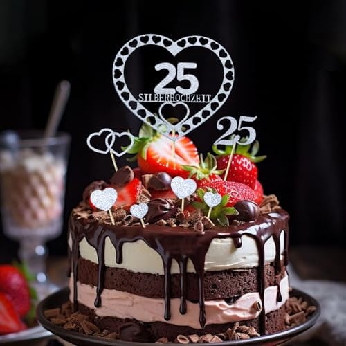 7 Stück Tortendeko Silberhochzeit Caketopper 25 Silberne Liebe Glitzer Silber 25 Jahre Tortenstecker Hochzeit Deko Silberhochzeit Geschenk