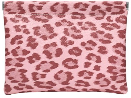 Ksriylm 5.5x7in Mini Leopard Print PU-Leather Makeup Bag, Retro Small Waterproof Snap Closure Organizer Pouches, Portable No Zipper Self-Closing Travel Pocket with compartments，Pink
