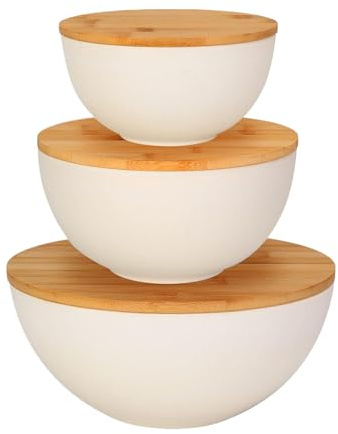 Generisch Lot de 3 saladiers avec couvercles de 25/20/15 cm de diamètre, bols de rangement avec couvercle en bois, saladiers pour fruits, salade, soupe, collations, cuisine