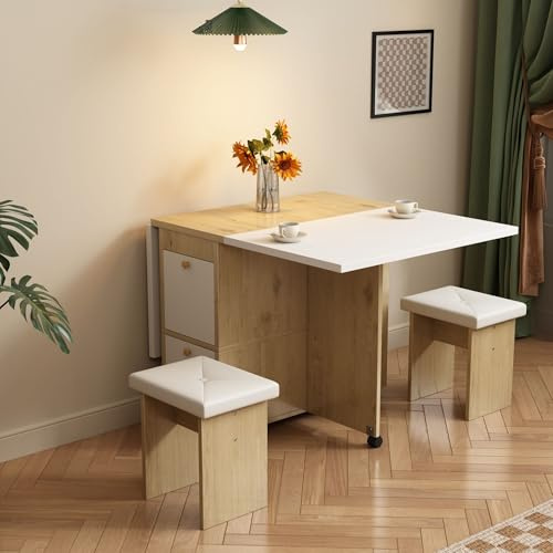 BXEYXE Esstisch-Set mit 4 Stühlen, Klappbarer und Ausziehbarer Esstisch 120x80x75 cm, Multifunktional, Weiß + Eiche