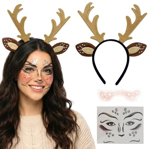 ePicsoa Rentier Haarreif, Reh Tattoo Gesicht, Gesichts Rouge Aufkleber | Reh Kostüm Accessoires, Rentier Kostüm Zubehör für Kinder Erwachsene Karneval Fasching Cosplay
