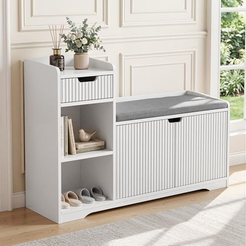 Shoe Storage Bench with Cushion, White Shoe Bench with 3 Space and 1 Drawer | Hallway Storage Unit with Seat, for Hallway, Living Room