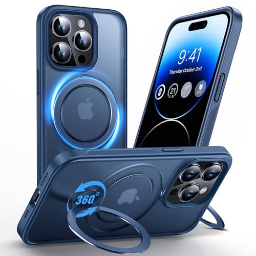 Anqrp 360° All-in-One-Ständerhülle für iPhone 14 Pro Hülle mit Rotierbarem Magnetischem Ständerringhalter, Kompatibel mit MagSafe, Matt Stoßfeste MIL-Grade-iPhone 14 Pro Case 6,1 Zoll, Blau
