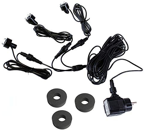 Arnusa 3er Set LED Quellsteinbeleuchtung 12V AC IP44 – Springbrunnen & Gartenbrunnen Beleuchtung mit 10 m Kabel 30 mm LED Quellstein Spots inkl. 1/2 & 3/4 Schlauchanschluss (Kaltweiß)
