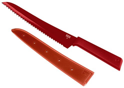 KUHN RIKON Colori+ Brotmesser gezackte Klinge mit Klingenschutz, antihaftbeschichtet, Edelstahl, 32.5 cm, rot