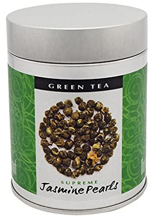 The Exotic Teapot - Supreme Jasmine Pearls Tea, 75g Tin, Premium Hand-Rolled Green Tea, Scented with Real Jasmine Blossoms