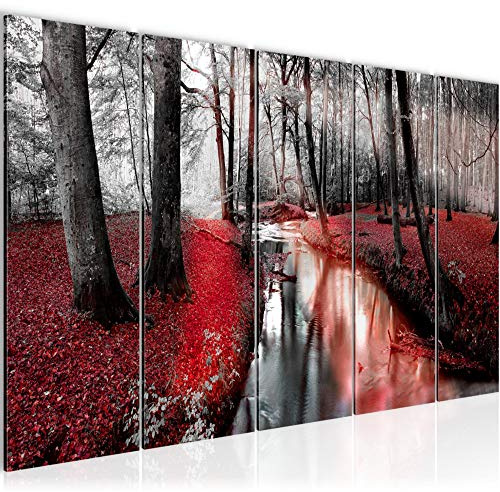 Runa Art Wandbild XXL Wald Landschaft Schlafzimmer Wohnzimmer 200 x 80 cm Rot 5 Teilig - Made in Germany - 602355b