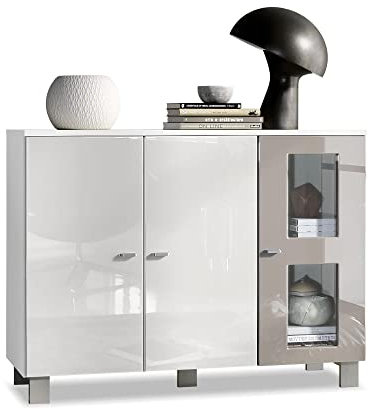Vladon Sideboard Denjo, Made in Germany, Kommode mit 3 Türen, Weiß matt/Weiß Hochglanz/Sandgrau Hochglanz (107 x 81 x 35 cm)