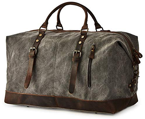 BRASS TACKS Leathercraft Vintage Reisetasche Leder Canvas Weekender Wasserdicht Robust Groß Herren Damen Handgepäck Verstellbar Schultergurt Reißverschluss Metall (Grau)