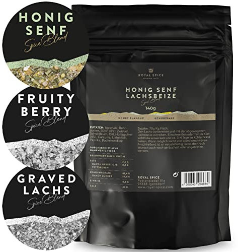 Royal Spice Lachsbeize Honig Senf 140g - Lachs Beize Trockenmarinade für 2kg Fisch - Aromatische Honignote mit knackigem Senf - Einfache Anwendung & Perfekte Ergebnisse auch ohne Räuchern