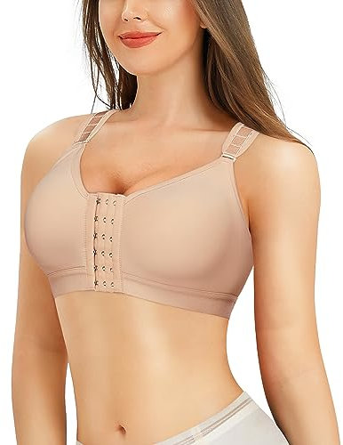 Bafully Women Post-Surgical Sports Support Bra Front Closure with Adjustable Straps Wirefree Racerback (Beige, L)