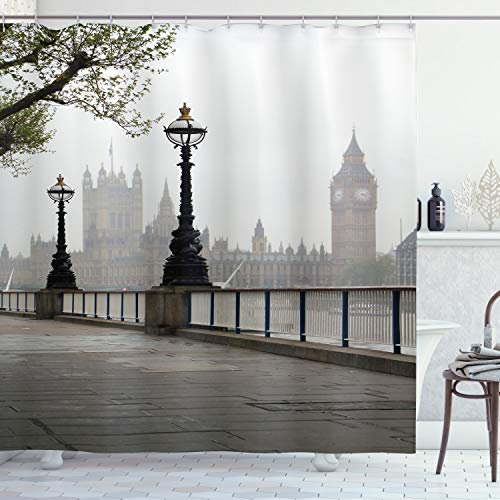 ABAKUHAUS London Duschvorhang, Westminster Tower Bridge, Stoffliches Gewebe Badezimmerdekorationsset mit Haken, 175 x 180 cm, Taupe Grau