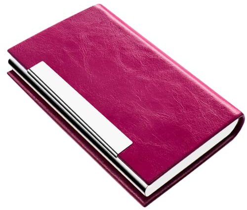 Padike Porte-Cartes de Visite Professionnel en Cuir Synthétique et Acier Inoxydable pour Cartes de Crédit et d'Identité - Homme et Femme (V-Rose Rouge)