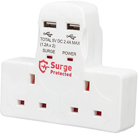 Invero 2 Way Gang Cable-Free Multi-Plug 13A Wall Socket Adapter with 2x USB Charging Ports 2.4A - Surge Protected - Neon Indicator - White