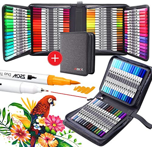 ZSCM 100 Farben Dual Brush Paint Pens, Aquarell Art Marker Fineliner Kalligraphie, für Erwachsene Malbücher, Weihnachten DIY Basteln, Zeichnen Skizzieren Bullet Journaling
