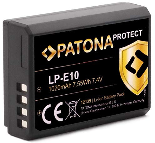 PATONA LP-E10 Protect Batterie 1020mAh Compatible avec Canon EOS 1100D 1200D 1300D 2000D 4000D Rebel T3 T5 T6 T9 EOS Kiss X50 X70 X80 1D X Mark 1D X Mark II EOS2000d LP E10 LPE10