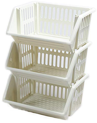 New Stacking Baskets Storage Veg Rack Plastic Stackers, Creme, Grey, Length 36 cm x Depth 30 cm x Height 17.5 cm (Creme, 3 racks)
