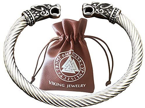 BBYOUTH Nordische Fenrir Wolfsköpfe Wikinger Torque Armband Edelstahl Twisted Cuff Armreif Schmuck für Männer Frauen mit Valknut Leder Geldbörse,Silver 1 pc