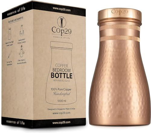Cop29 Bouteille d’eau en cuivre martelée Dolny Matte faite à la main I Pichets avec couvercle I Viande d’eau de chevet (couvercle lâche) - 1000 ml / 34 oz ...