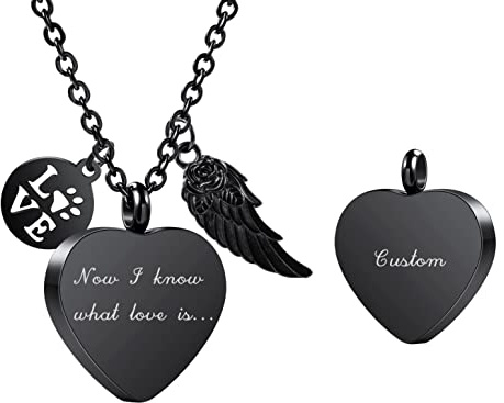 INBLUE Personalisierte Urnen Halskette für Asche, Pfotenabdruck Herz Edelstahl Anhänger, Gravur Foto Hund Katze Name, Feuerbestattung Schmuck für Damen Herren mit Trichter Set, Engelsflügeln