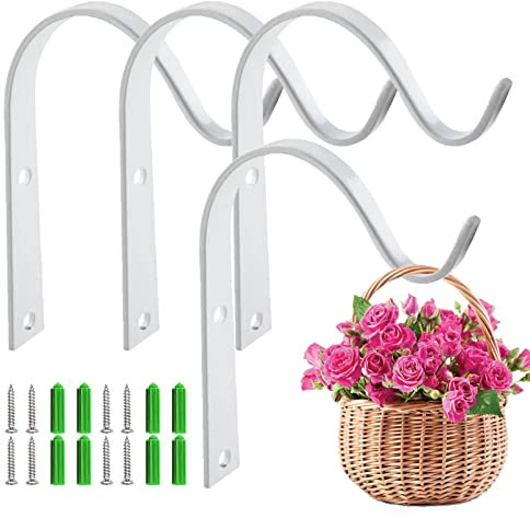4PCS Metal Hanging Basket Brackets - Hooks for Garden, Lawn Light, Flower Pots, Bird Feeders, Plants, Lanterns, Wind Chimes - White
