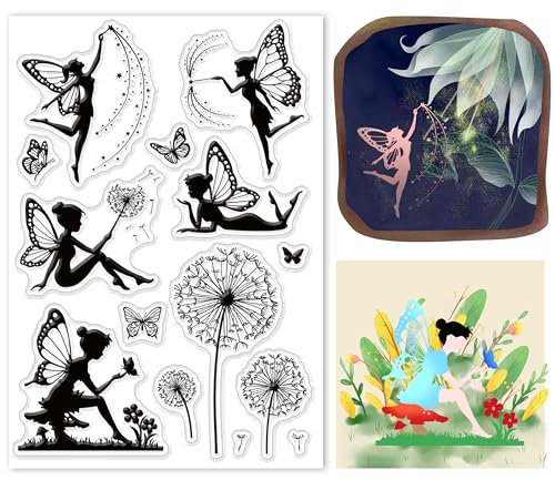 GLOBLELAND Schmetterlingsfee Transparente Stempel für Scrapbooking Märchen Elf Klare Stamps Pilz Löwenzahn Silikonstempel Für Kartengestaltung DIY Prägung Journaling
