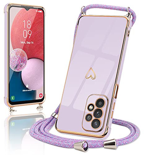 Micoden Handykette kompatibel mit Samsung Galaxy A13 4G Ultra dünn Kameraschutz Herz Love Design Galvanik TPU Silikon Bumper Kordel zum Umhängen Handyhülle mit Band Schutzhülle,Lila