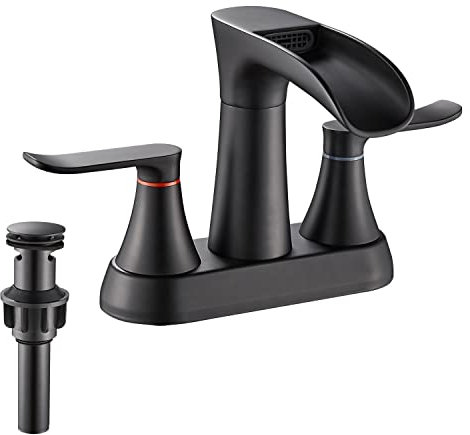 YUNDOOM Rubinetto da bagno, centro da 10 cm, cascata, 2 maniglie, nero opaco, 3 fori, beccuccio girevole a 360 gradi, scarico pop-up incluso