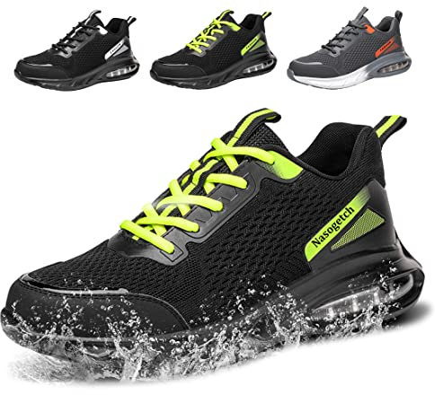 Fadezar Sicherheitsschuhe Herren Damen Wasserdicht Arbeitsschuhe Herren Leicht Atmungsaktiv Stahlkappenschuh Sportlich rutschfest Arbeitsturnschuhe Gr.36-46 Schwarz Grün EU 40