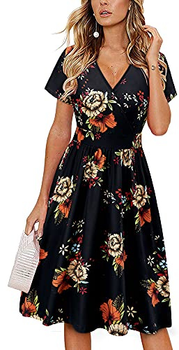 VOTEPRETTY Women's Short Sleeve V Neck Wrap Summer Dress Midi Casual Floral Sundress with Pockets(Floral08,M)
