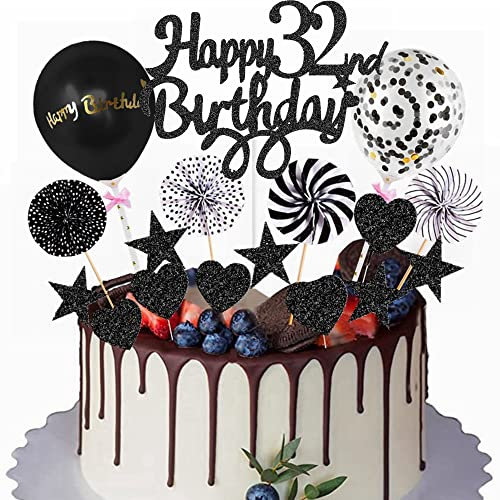 Yunchu Online Happy 32th Birthday Tortendeko Schwarz Tortendeko 32 Geburtstag Deko Kuchen Topper 32 jahre Mann Frau Kuchendeko 32. Geburtstag Schwarz Tortendeko für 32. Geburtstag Cupcake Toppers