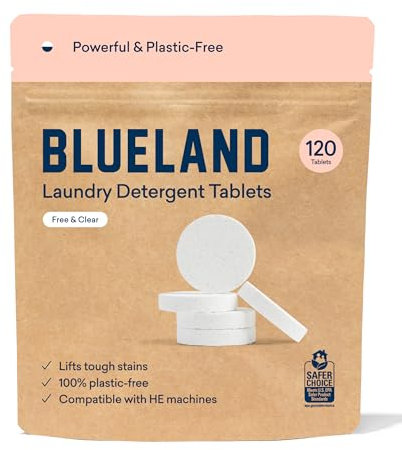 BLUELAND Waschmittel-Tabletten, 120 Stück, plastikfrei, umweltfreundliche Kapseln, Blätter, flüssige Alternative – parfümfrei und klar, natürlich, sanft