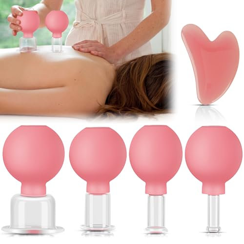 Juego de ventosas de silicona, 4 unidades con ventosa, cristal de ventosa, para cara y cuerpo, juego de ventosas y raspador de fascia, ventosas de silicona contra tensiones y celulitis