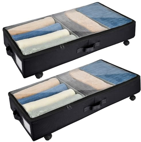Xtsuen 2 Stück Unterbett Aufbewahrung, Unterbettkommode mit Rollen 360° Drehung and Metallrahmen, Faltbare Großes Fassungsvermögen Vliesstoffe Aufbewahrungstasche für Kleidung, Schuhe(Schwarze)