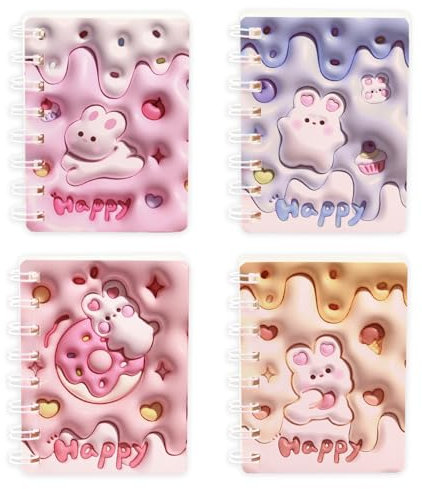 A7 Spirale Notizblock, 4 Stück Klein Notizbuch 80 Blatt Notizheft Tragbare Pocket Memo Pads Niedlichen Cartoon Mini Notizbuch für Memos Unterwegs Lernen Schulsachen (Kaninchen Blanko Innen)