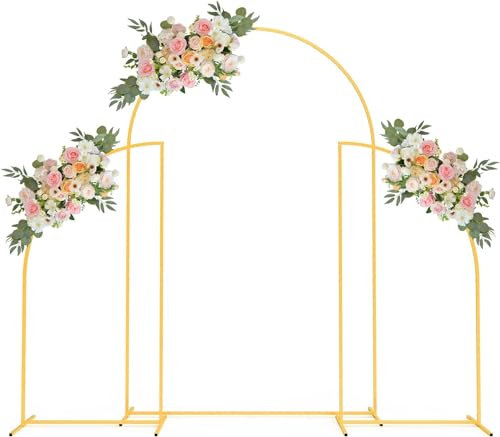 MYOYAY Lot de 3 supports d'arche de mariage en métal pour porte arquée de 2,2 m - Supports ronds dorés pour cérémonie de mariage, fête d'anniversaire, fête prénatale, jardin - Décoration florale