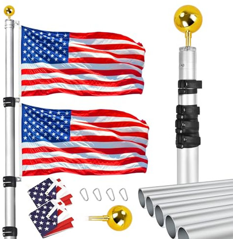 Hooomyai Teleskop-Fahnenmast-Set, 7,6 m, robustes Aluminium-Teleskop-Fahnenmast-Set, Fliegen, 2 Flaggen, Außenflaggenmast mit 2 USA-Flaggen und goldfarbener Kugelspitze für Wohnbereich, silberfarbenes
