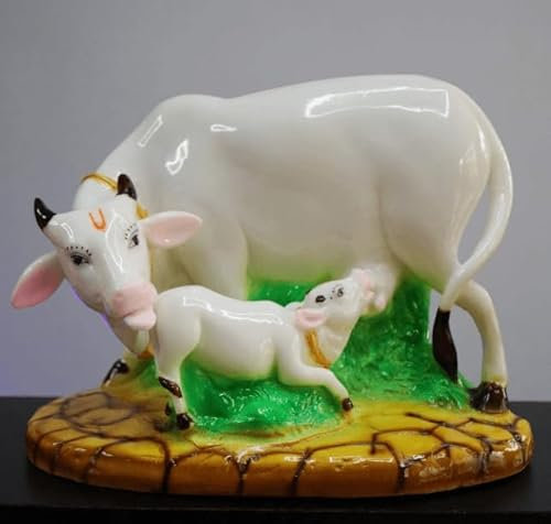 Kamdhenu Kuh mit Kalb Pooja, Heimdekoration, Geschenkartikel, dekoratives Schaustück, 15 cm, Material: Harz, mehrfarbig