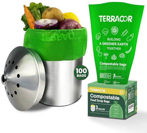 TERRACOR 3 Gallon Compostable Trash Bags, 100 Bags Compost Bags for Countertop Bin, BPI Certified and Meet The ASTM D6400 Standard