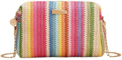 Muteitt Rainbow Straw Purses for Women, Summer Straw Crossbody Bag Purses Woven Chain Beach Bag Shoulder Handbag for Travel Vacation Work