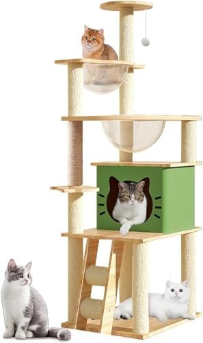 Mekidulu Cat Tree,145cm Cat Tree For Indoor Cats - Multi-Level Condo with 2 Bowls,1 House,2 Perches,1 Ladder,1 Pompoms,Bearing weight 15kg(Green N3)