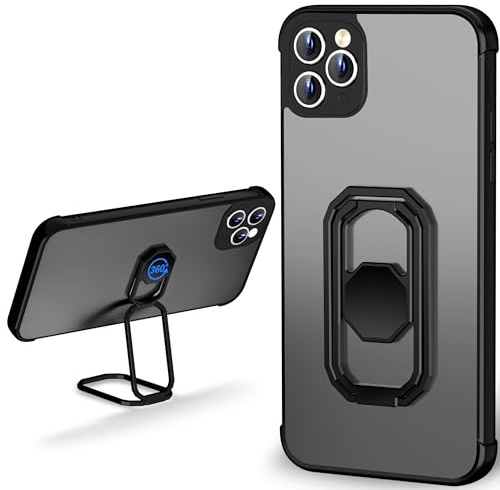 WINTONG for iPhone 11 Pro Max Case with Metal Stand, Matte Back Phone Case with Double Ring Holder Finger Kickstand【Foldable & Adjustable】 Shockproof Translucent Protective Cover - Frosted Black