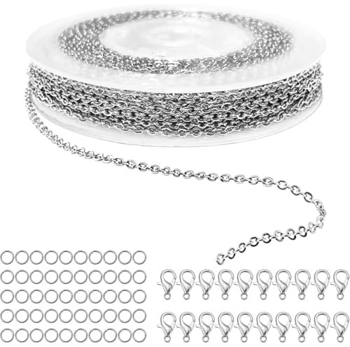 ZKGYUS 1 Rotoli 10m Catenine per Collane, Catena in Acciaio Inossidabile, Collane Fai da Te con 50 Anelli di Salto e 20 Chiusure di Aragosta per Accessori di Gioielli Fai da Te (Argento)