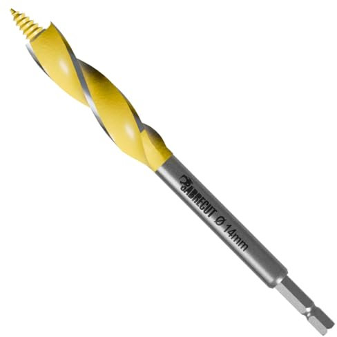 1 x SabreCut SCAG014 14mm x 165mm Wood Auger Quad Flute Self Feed Tip Grooved Hex Shank Drill Bit for High Speed Drilling in Wood and MDF
