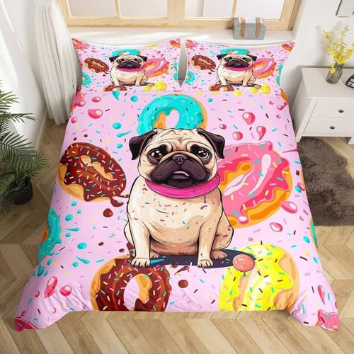 Bettwäsche 135x200,Krapfen Mops Kind Bettwäsche Set,Bettbezug aus Mikrofaser mit 1 Kissenbezüge 80x80cm,Bettbezug mit Reißverschluss,Einzelbett Bettwäsche Set