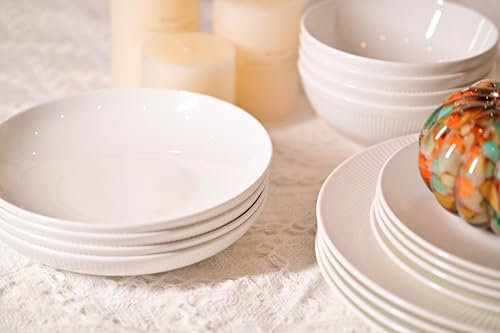 Unishanee Dandilion Service de table 16 pièces en porcelaine anglaise pour 4 personnes, assiettes, plats, bols, passe au micro-ondes et au lave-vaisselle Blanc ivoire avec lignes radiales