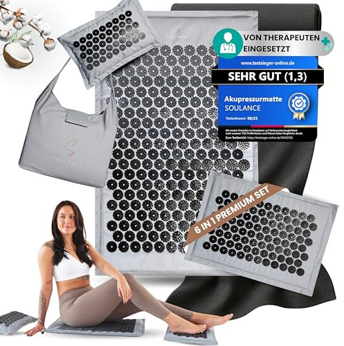 Akupressurmatte mit Kissen- 6-in-1 Premium Set [inkl. Yoga-Tuch] & Tragetasche,Kokosfaserfüllung – Massagematte, Akupunkturmatte gegen Nacken-und Rückenschmerzen (Eis Grau XXL Set)